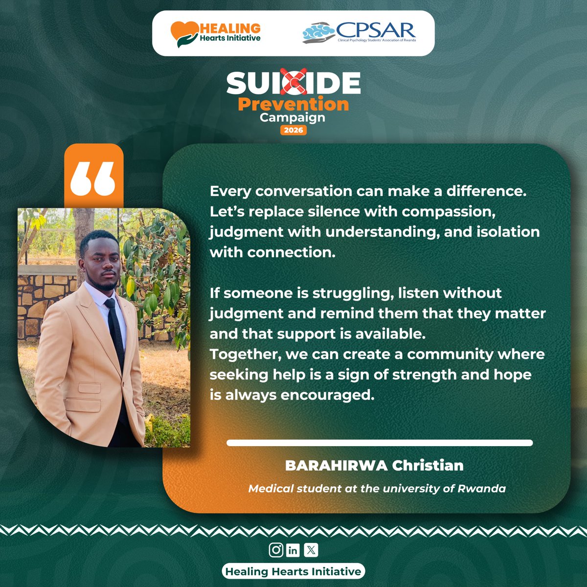 cpsarwanda's tweet photo. 💚"Haranira kugira uwo ugarurira icyizere cyo kubaho"💙
#ChangingTheNarrative #SuicidePrevention #MentalHealthAwareness #StartTheConversation #SuicidePreventionCampaign2026 #CPSAR https://t.co/t921OwmVG8