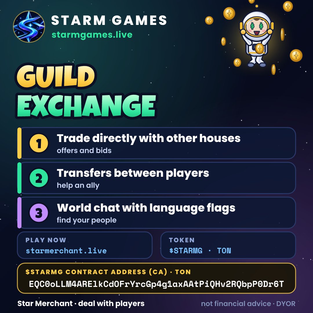 StarMerchant_Li's tweet photo. 💱 The Guild Exchange lets houses trade with each other directly — plus transfers, private messages and a world chat with language flags.

▶ https://t.co/7DrGYIzMPo

Part of STARM Games — one token: $STARMG
#TONblockchain #spacegame #gryprzeglądarkowe #microcap #STONfi https://t.co/loWe9Ro1Yi
