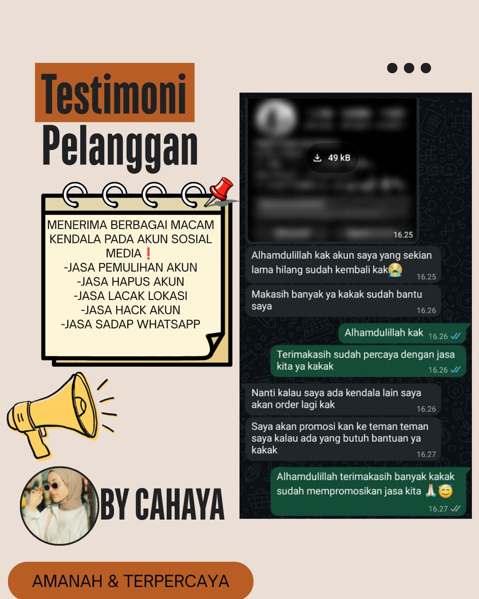 hyfioa's tweet photo. WTS OPEN JASA PEMULIHAN/PERBAIKAN AKUN SOSMED⤵️

 Layanan  :
✨ Pulihkan &amp; Pulihin/Balikin Akun
✨ Hapus/Nonaktifkan Akun
✨ Hack Akun
✨ Sadap Wa/All Sosmed
✨ Lacak Lokasi

(Instagram,Tiktok,Gmail/Email,Facebook,Telegram,Twitter/X,Dll)
#zonauang
Konsultasi? WhatsApp Di Profil✨ https://t.co/nJplfKt2Gt