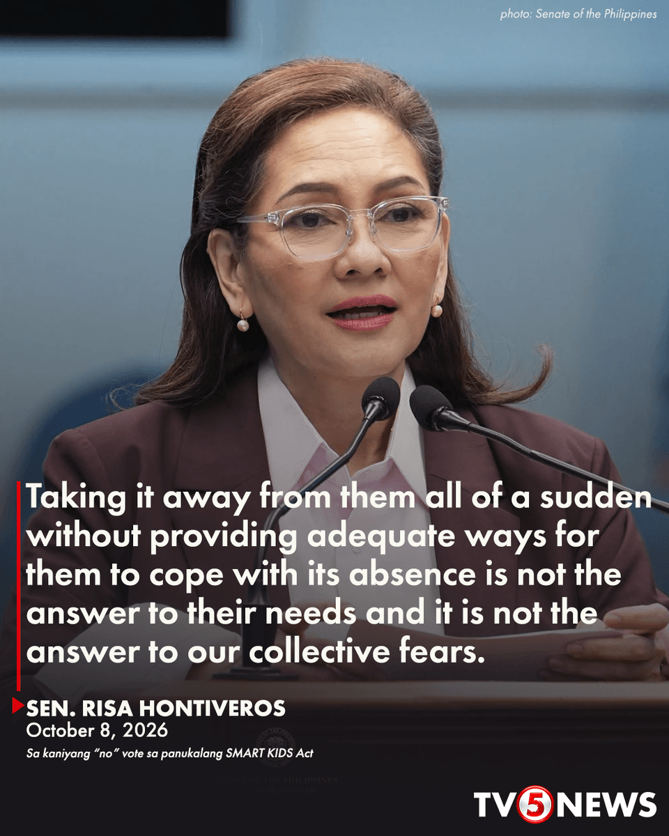 News5PH's tweet photo. 'NO' VOTE NI SEN. RISA SA SMART KIDS BILL

Ipinaliwanag ni Sen. Risa Hontiveros ang kaniyang “no” vote sa pagpasa sa Senate Bill No. 2424 o panukalang Safe Media Access and Responsible Technology for Kids in Digital Spaces (SMART KIDS) Act.

Si Hontiveros ang nag-iisang senador na tumutol sa panukala na layong ipagbawal ang pagkakaroon at paggamit ng social media sa kabataang wala pang 18 anyos.

Ayon sa senadora, naniniwala siyang mas magiging epektibo kung magpapatupad ng tiered restrictions sa social media para sa kabataan imbes na tuluyan itong ipagbawal.

Kabilang dito ang pag-require ng mas malakas na default privacy at data settings, mas mahigpit na restrictions sa adult contact, paglimita sa targeted advertising at profiling, at mas pinalakas na parental at educational safeguards.

“I believe that our objective is not simply to keep children off social media but to make sure that the online environment is safe for them, and that they are well equipped to find their way in that world safely and productively,” aniya.