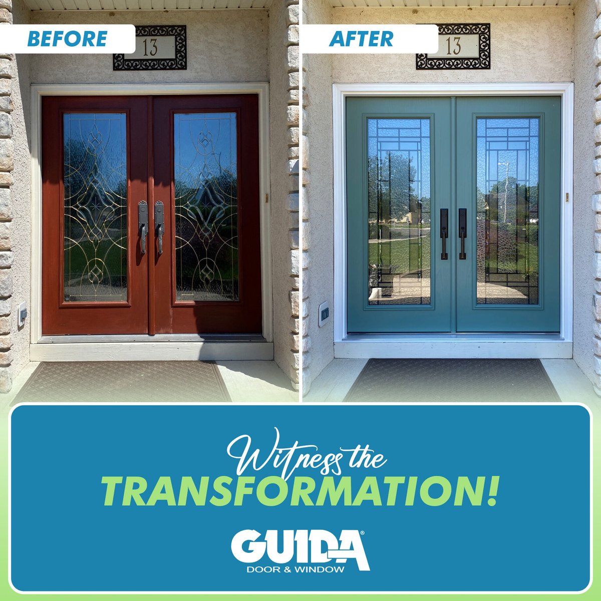 GoGuida's tweet photo. Same entrance. A whole new welcome. ✨  These new double doors give the home a fresh, inviting look while letting the glass details shine. Swipe between the before and after—what do you think of the transformation?  #DoorTransformation #BeforeAndAfter #GuidaDoorAndWindow https://t.co/JSLxUDNvFE