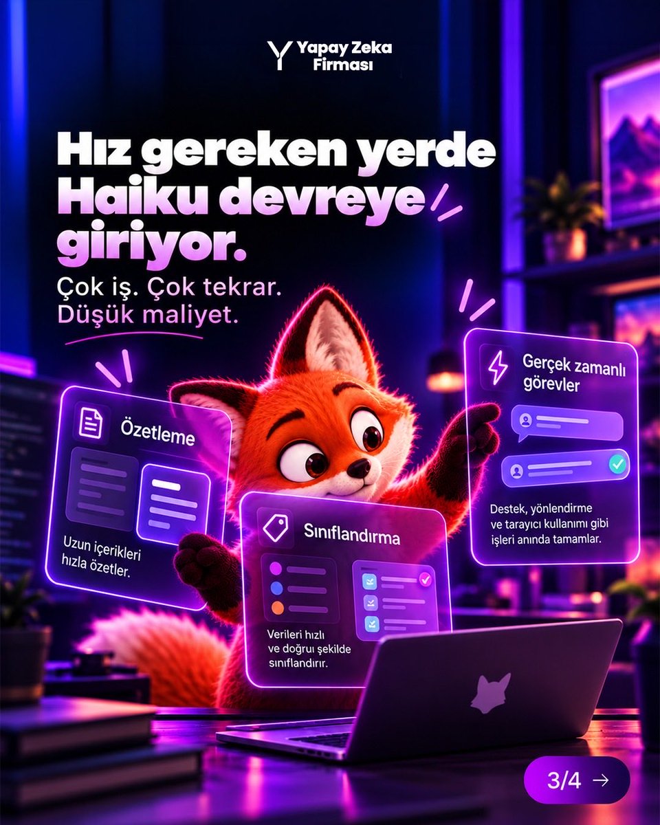 YZFirmasi's tweet photo. Claude Haiku 5.5 küçük model algısını biraz zorluyor. 👀

Daha hızlı çalışıyor, maliyeti ciddi şekilde düşürüyor ve bilgisayar kullanımında güçlü bir sıçrama gösteriyor. Özellikle özetleme, sınıflandırma ve gerçek zamanlı görevler gibi yüksek hacimli işlerde “küçük model” artık çok daha iddialı.

Sence bundan sonra yarış en güçlü modelde mi, en verimli modelde mi olacak?

#Claude #Anthropic #Haiku55 #YapayZeka #AIGündem #AI