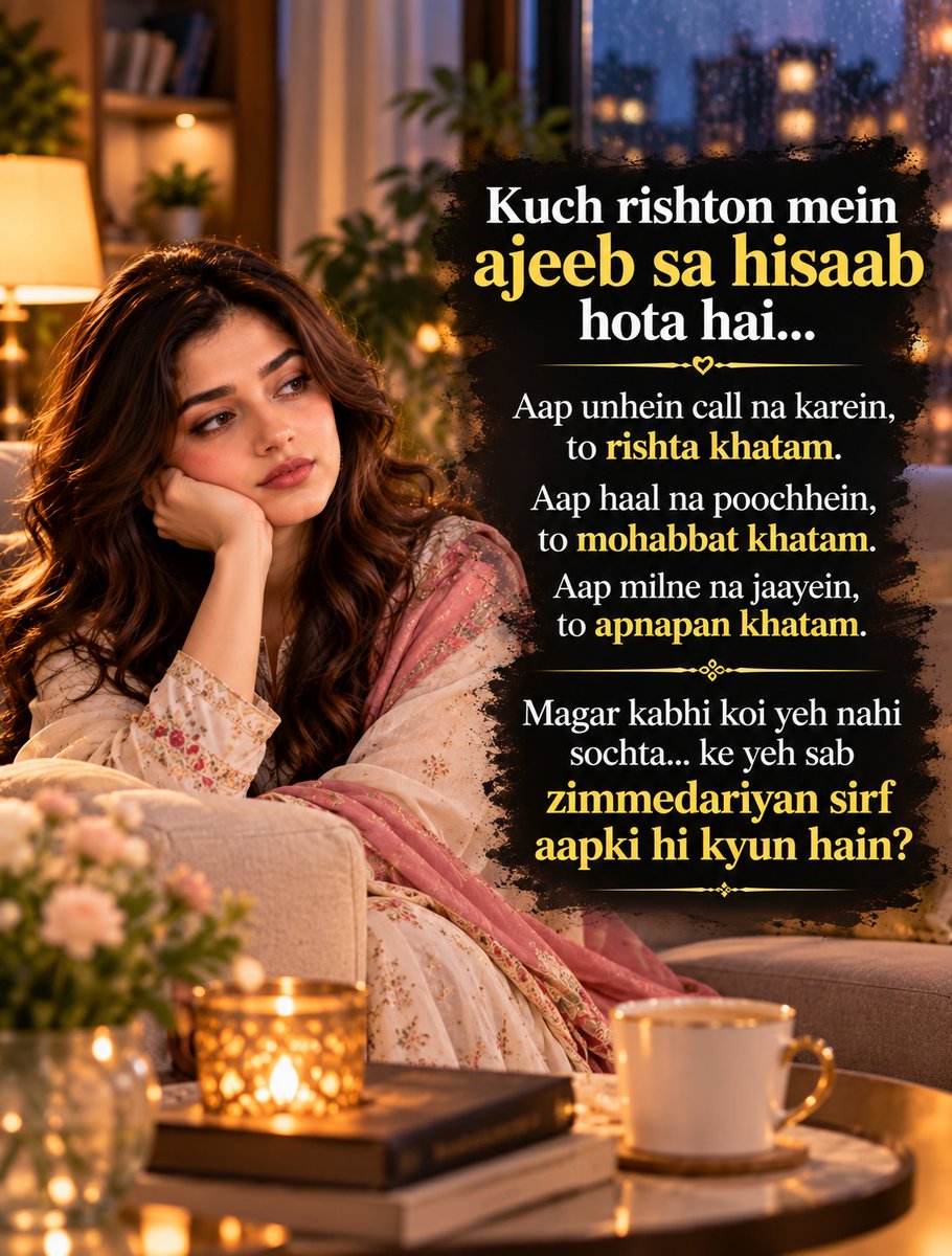 wa44644384's tweet photo. 💔 Rishte sirf ek insaan ki koshish se nahi chalte…

Kabhi kabhi dil karta hai ke koi bina yaad dilaye hamara bhi haal poochhe, koi khud bhi milne aaye, koi humein bhi ehsaas dilaye ke hum uske liye zaroori hain. 🥀 https://t.co/5Z6ThQ2EH0