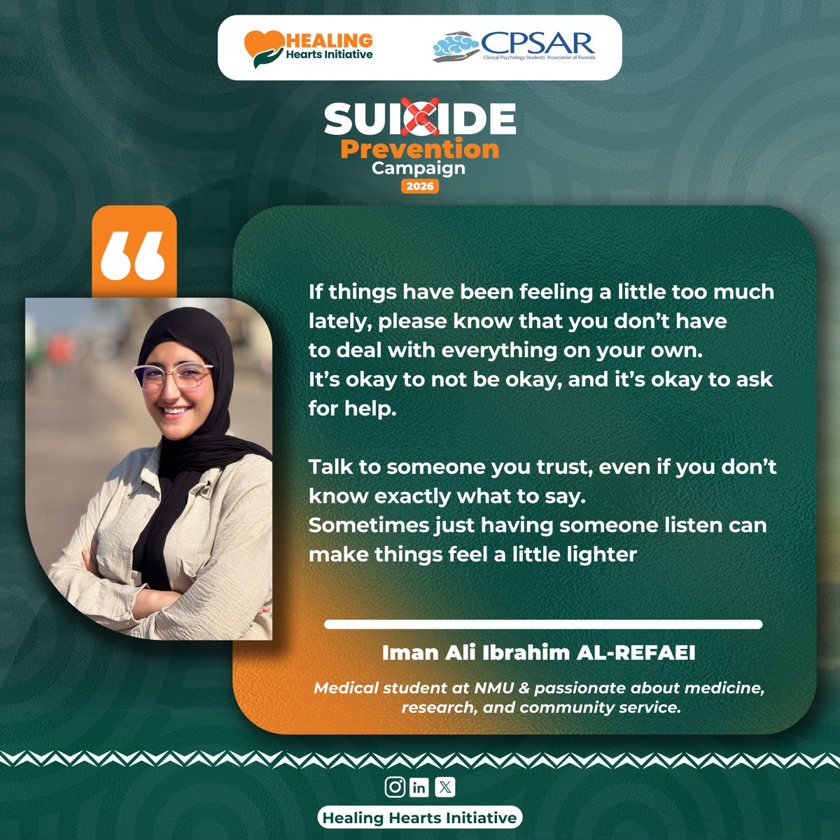 cpsarwanda's tweet photo. 💚"Talk to someone you trust, even if you don't know exactly what to say"💙
#ChangingTheNarrative #SuicidePrevention #MentalHealthAwareness #StartTheConversation #SuicidePreventionCampaign2026 #CPSAR https://t.co/WWscK9L3oU