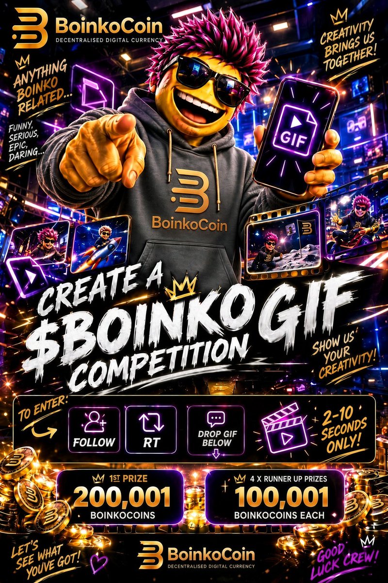 BoinkoCoin's tweet photo. CREATE A $BOINKO GIF 🎬👑

2–10 seconds only ⏱️

Anything Boinko....Funny 😂serious 😐 epic 💥 daring 😈

To enter:
1️⃣ FOLLOW
2️⃣ RT
3️⃣ DROP your GIF below 👇

🏆 1st prize: 200,001 Boinkocoins
🎁 4 runner-up prizes: 
100,001 Boinkocoins each

Show us what you've got, CREW 💪✨ https://t.co/lFsnrRD8HP