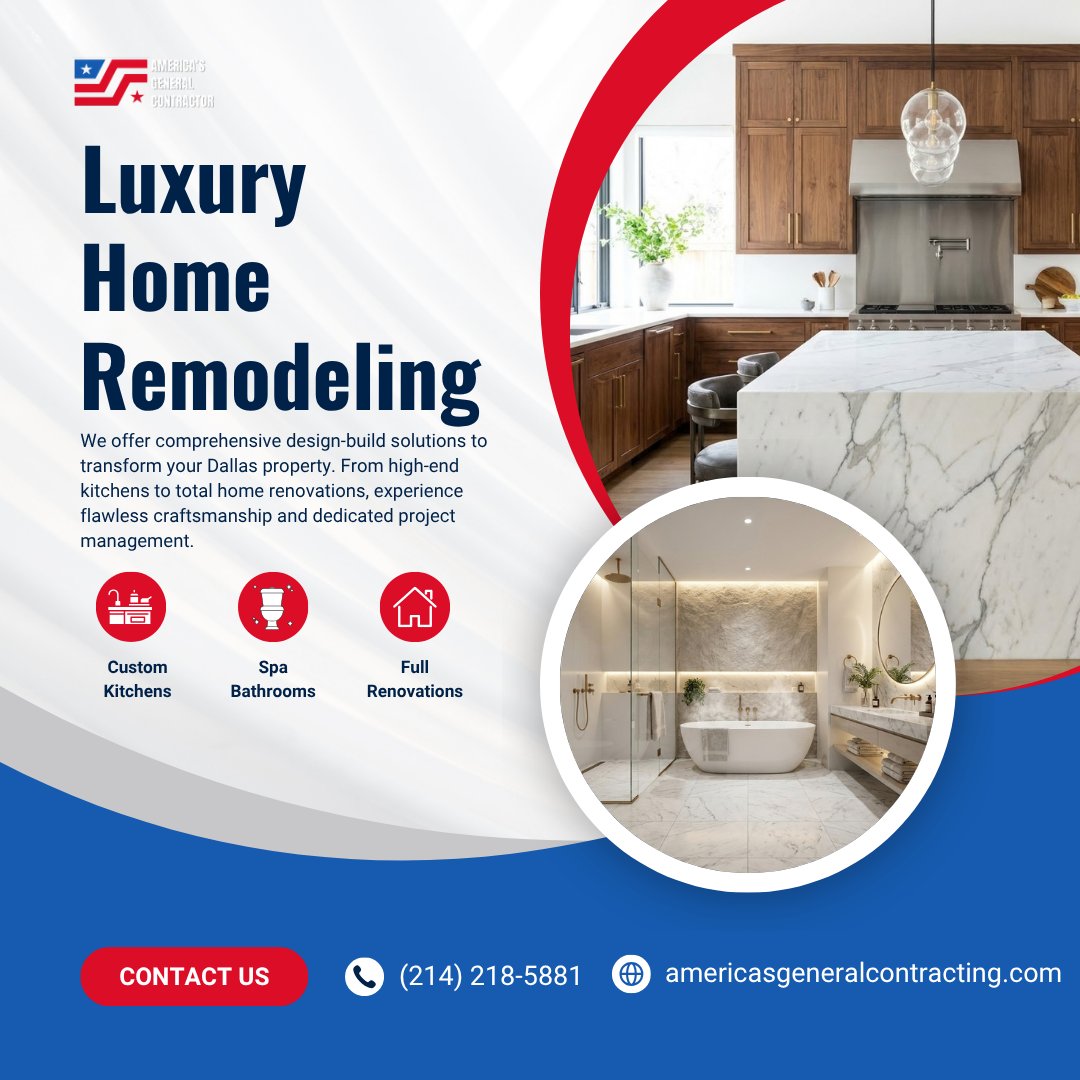 Americas_GC's tweet photo. Upgrading your Dallas property? 🛠️✨
America's General Contractor provides luxury home remodeling across DFW. We offer comprehensive design-build solutions for custom kitchens, spa bathrooms, and full renovations. 
Get a free quote! 👇 🔗 https://t.co/fKjG2VZHCN📞 (214) 218-5881 https://t.co/x9oj17CzZA