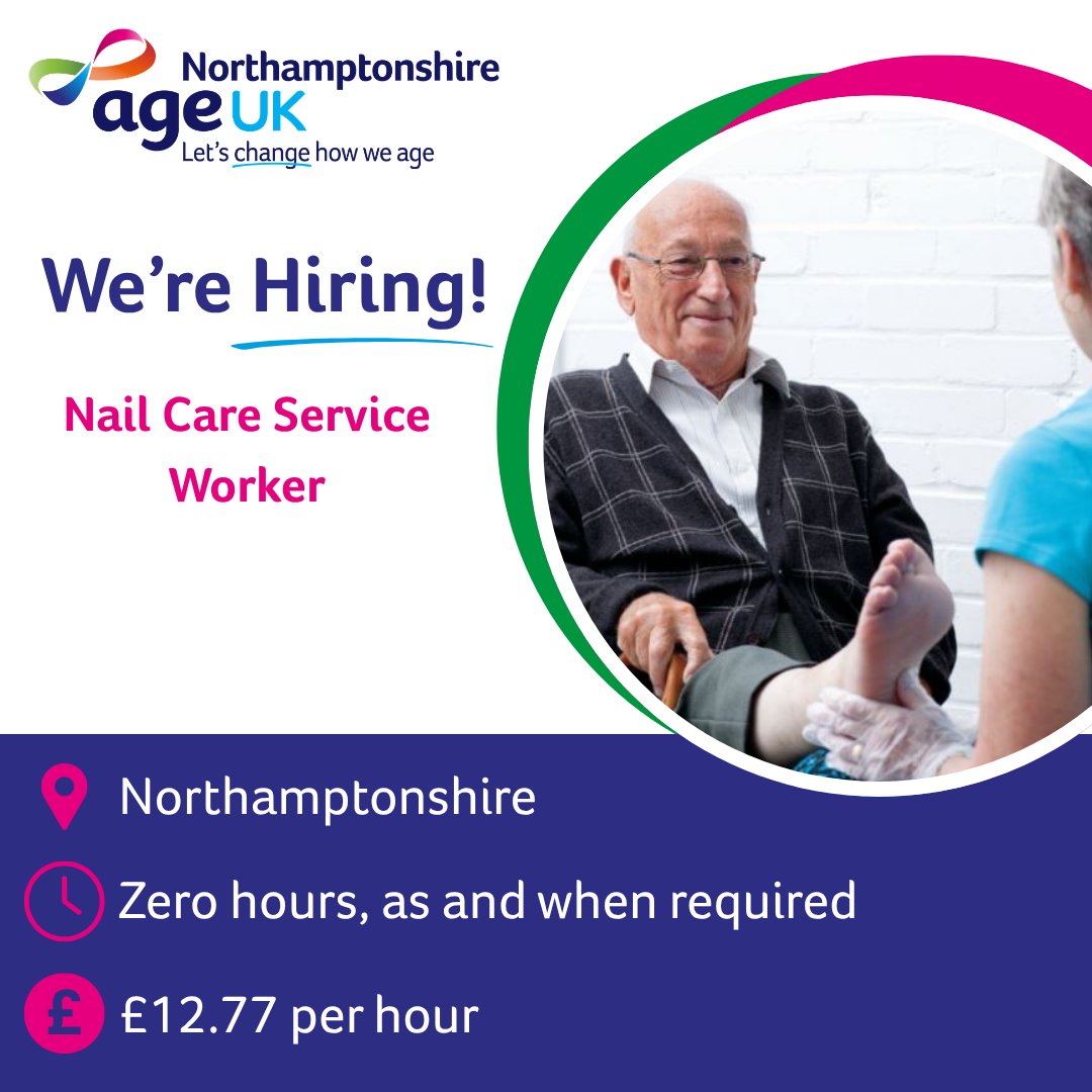 AgeUKNorthants's tweet photo. 💙 We're #hiring #NailCare Service Workers! 👣
✅ £12.77 per hour
✅ Flexible hours
✅ Local work
Help older people stay comfortable, mobile and independent.
Apply: https://t.co/Ji5Kio7BFX
#AgeUKNorthamptonshire #NowHiring #NorthamptonshireJobs #JoinOurTeam 💙 https://t.co/r9rRdBLKog