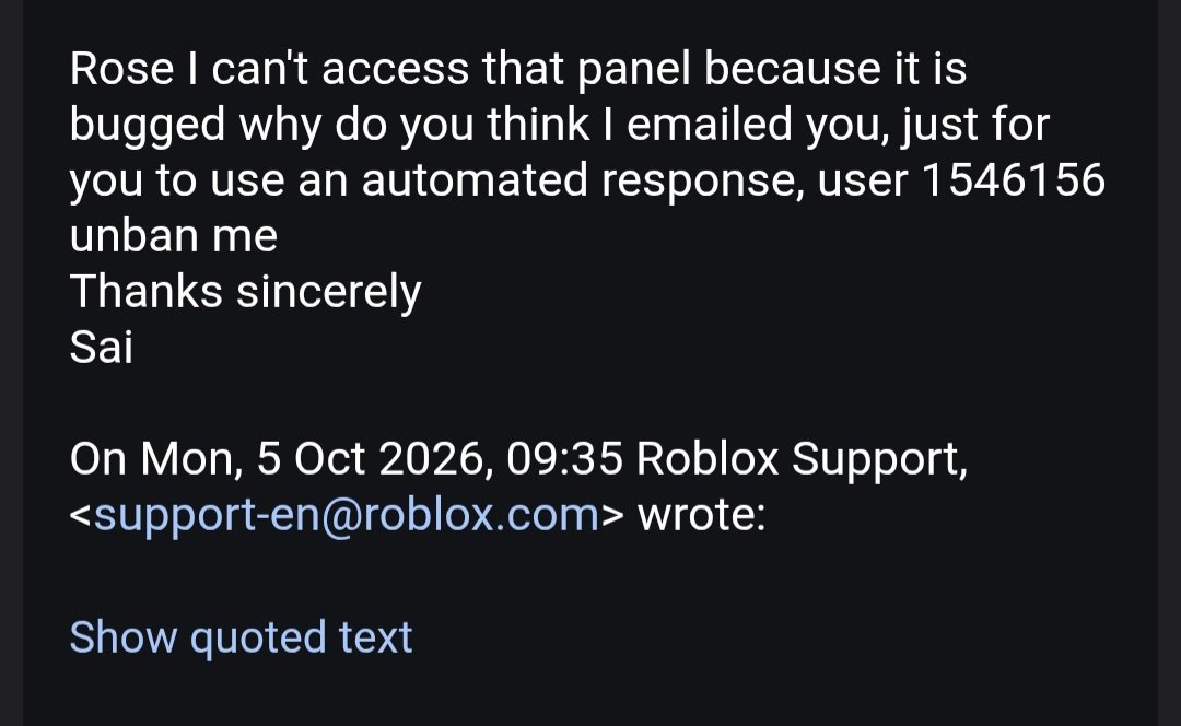 Sa_iiooooo's tweet photo. For those asking how i got unbanned, I replied to this automated email by rose ,it only took them 5h to get my account back yw #roblox #ban #appeal #rejected #appealed #accepted #unbanned https://t.co/6v2ANfkFBG