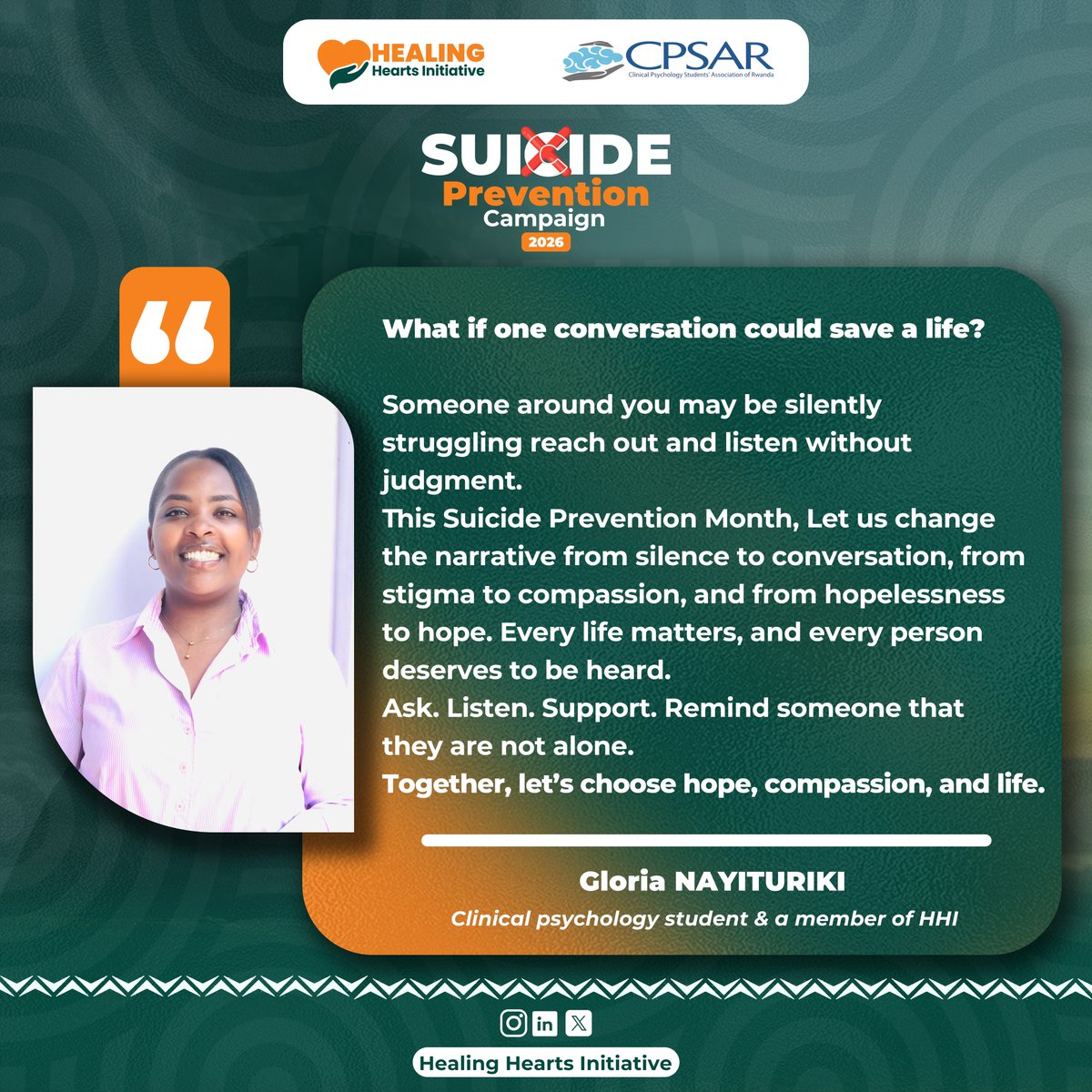 cpsarwanda's tweet photo. 💚"Together, we turn judgement into empathy, silence into open conversation, and isolation into a supportive community."💙
#ChangingTheNarrative #SuicidePrevention #MentalHealthAwareness #StartTheConversation #SuicidePreventionCampaign2026 #CPSAR https://t.co/EDoipWRZQb