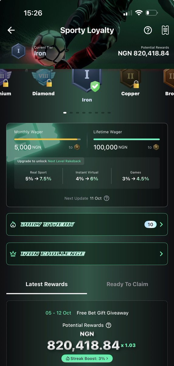 chriscxss's tweet photo. I should be in the diamond league now , but SportyBet moved me from titanium down to iron (the beginner level).

They also stopped my Monday cashback. For over 7 months now, I’ve been getting 0 naira every Monday.

This all started after I withdrew more than a billion naira from them in less than a week earlier this year.

@SportyBet @SportyBetNG is this fair?