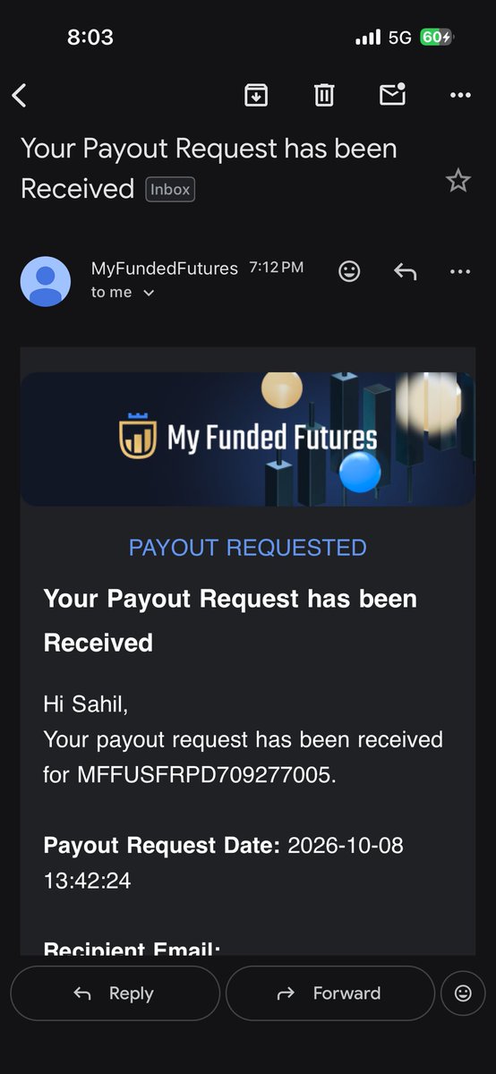 Quantivor's tweet photo. 𝗙𝗶𝗿𝘀𝘁 𝗙𝘂𝘁𝘂𝗿𝗲𝘀 𝗣𝗮𝘆𝗼𝘂𝘁. 𝗗𝗼𝗻𝗲. 🫡💰

Just requested a $504 payout from @MyFundedFutures 

And it got APPROVED in under 1 minute. ⚡️

I’ve had CFD payouts before, but getting my first payout from a Futures firm hits different.

$504 secured. ✅

Now we build from here. 🚀