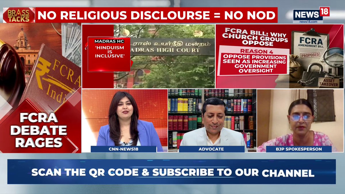 A news broadcast titled "Brass Tacks" on News18 CNN features a panel discussion on FCRA with the headline "NO RELIGIOUS DISCOURSE = NO NOD," covering the Madras High Court's ruling that "Hinduism is inclusive," while an advocate and BJP spokesperson debate provisions church groups oppose due to increased government oversight.