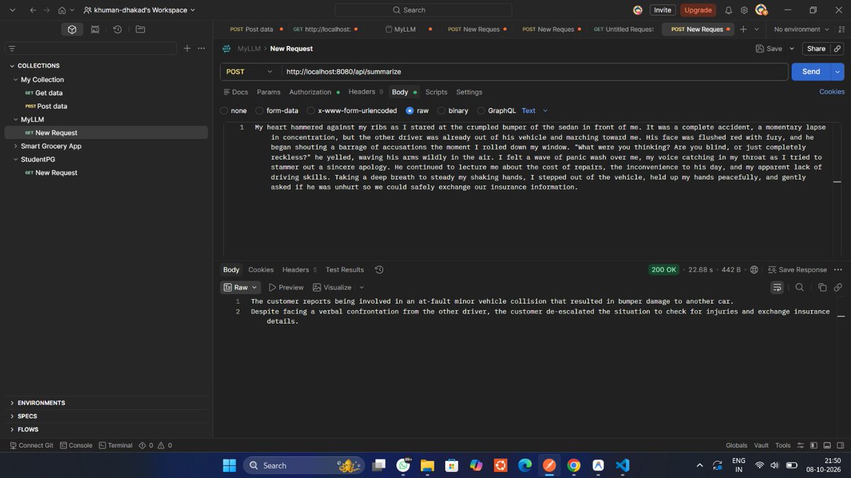 thekhuman__'s tweet photo. Day 7 of my FDE journey ✅ Built a Spring Boot AI Support Ticket Summarizer API with Spring AI + Gemini. Used ChatClient, REST endpoint, Postman testing &amp; fixed real bugs 🚀💻  #FDE #SpringAI #Gemini #Java #GenAI https://t.co/5fpUwfEmgH
