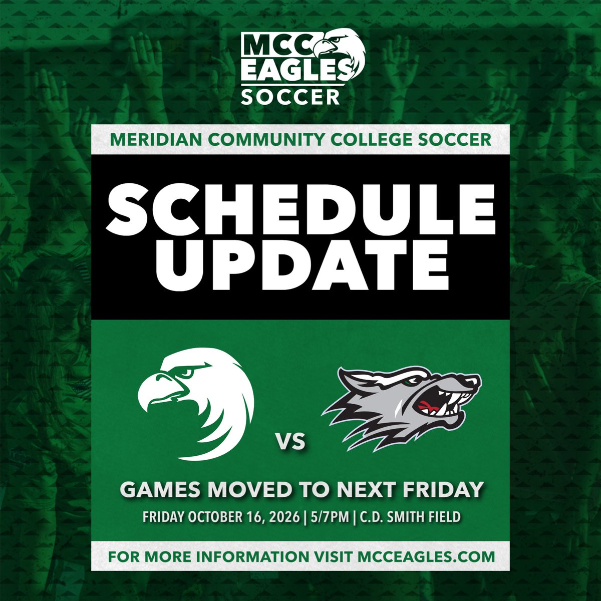 MCCEaglesSports's tweet photo. SCHEDULE UPDATE. Due to incoming weather this weekend, tomorrow's soccer matches against Co-Lin have been moved to next Friday, October 16th at 5/7 pm. #FindYourWings https://t.co/qp8ImY1vtp
