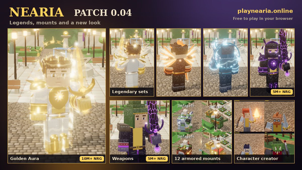 PlayNearia's tweet photo. Nearia Patch 0.04 is LIVE ⚔️✨

🗡️ Legendary Arsenal: 9 legendary weapons (5M+ NRG)
🛡️ Legendary sets for every class (5M+ NRG)
👑 Golden Aura, only for 10M+ NRG holders
🐺 12 armored mounts + riding
🎨 New character creator
Play free in your browser 👉 https://t.co/TYrPpX5CAr

$NEAR @nearlytrade @NEARProtocol