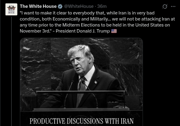 xUSDAinspector's tweet photo. The Stage is Set
A WARNING THE AMERICAN PEOPLE SHOULD NOT REQUIRE

President Trump has now stated that the United States will not attack Iran before the November 3 midterm elections.

That statement should make one thing absolutely clear: if a major..
https://t.co/nne6dwsy0c https://t.co/hnVXmfzvjQ