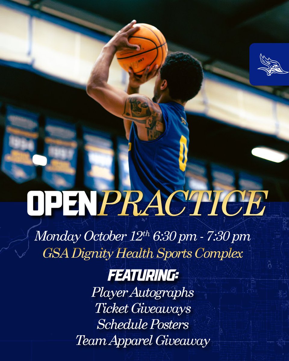 CSUB_MBB's tweet photo. Pull up to Open Practice! 🏀🔥

Meet the team, grab some autographs, score free tickets, snag a schedule poster and enter for a chance to win team gear.

📅 Monday, October 12 🕡 6:30–7:30 p.m. 📍 GSA Dignity Health Sports Complex https://t.co/NztQ7yDgvY