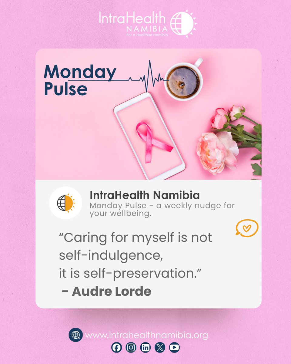 IntrahealthNam's tweet photo. Your health requires care, not just when something is wrong, but every day.
🔹 Make time to rest, eat well, move your body, check in with yourself and seek health care when you need it.

#IntraHealthNamibia #ForAHealthierNamibia #PinkOctober #Namibia #CommunityWellness https://t.co/yP81wYuf6O