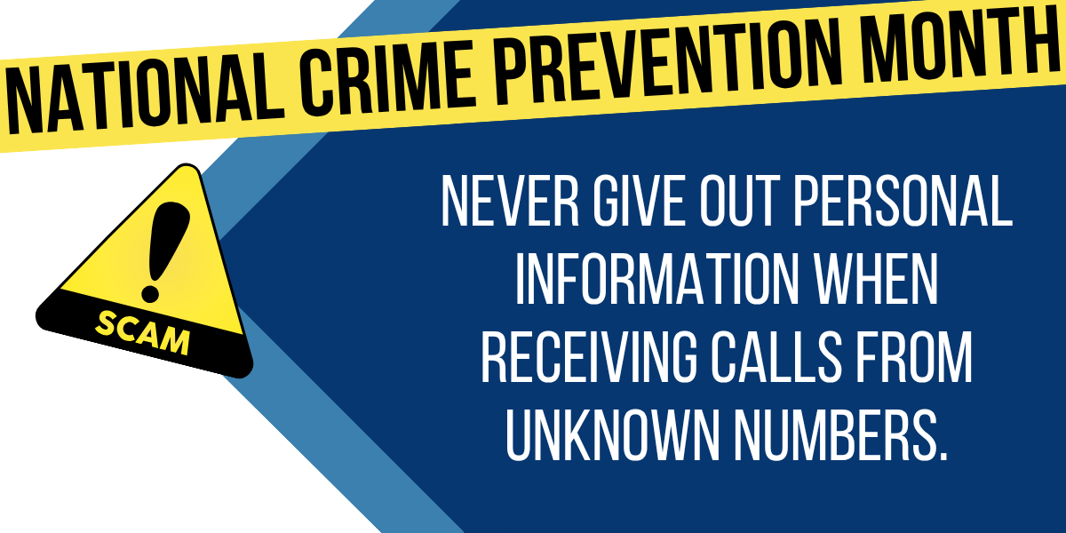 ChampaignPD's tweet photo. Scams are everywhere, so it's more important than ever to be safe with your personal identifying information. 

Learn more on identity theft prevention: https://t.co/hP3xXaeDjo

[IMAGE DESCRIPTION: National Crime Prevention Month tip: Never give out personal information when receiving calls from unknown numbers. Text is accompanied by a graphic of a scam warning sign.]