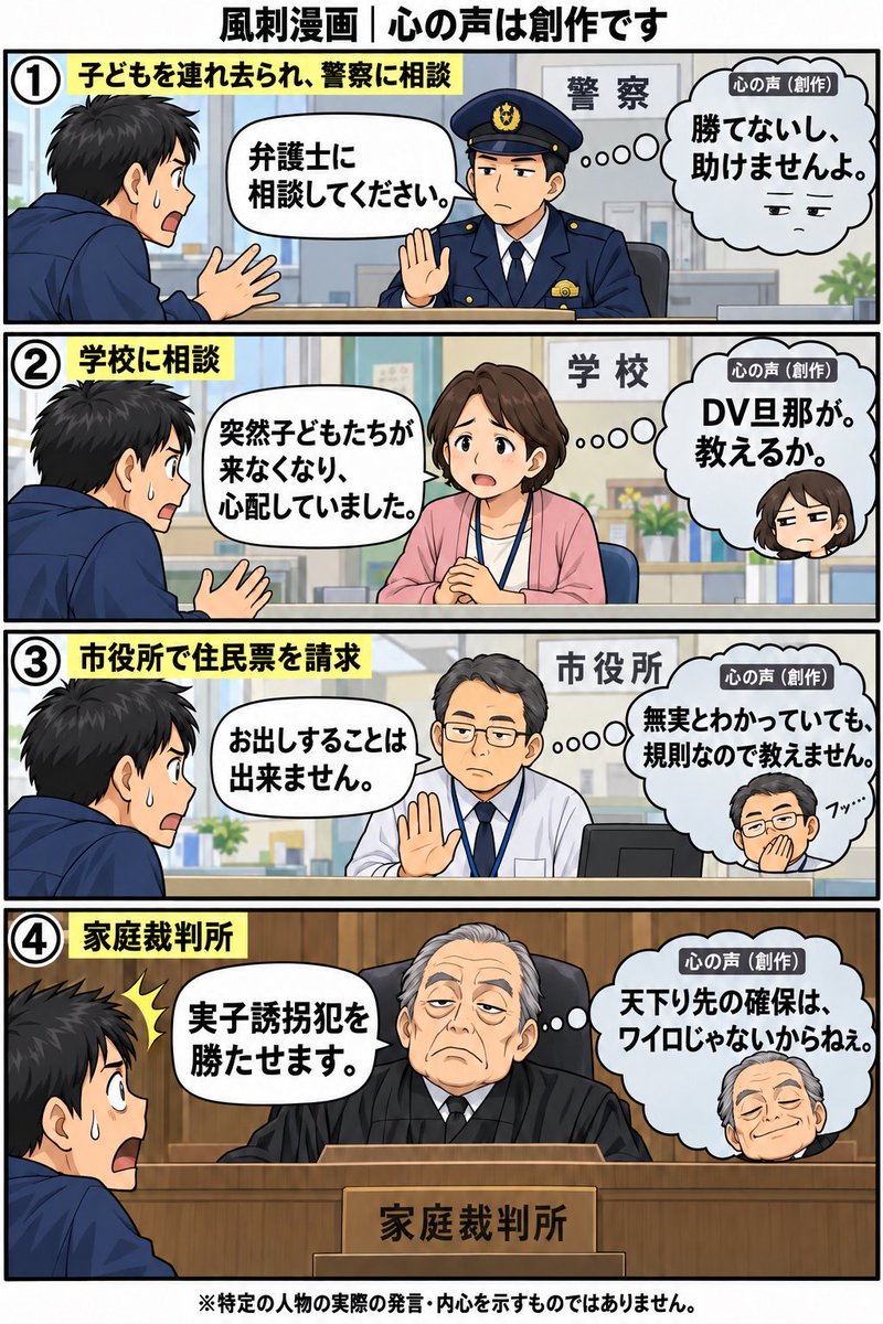 4g4njnby6q's tweet photo. 子どもと突然引き離され、助けを求めて回る。

しかし、

警察では「弁護士に相談してください」
学校では「心配していました」
市役所では「お出しできません」
家庭裁判所は悪の巣窟。

では、誰が子どもの安全を確かめ、親子の断絶を止めてくれるのか。

丁寧な断り文句ではなく、証拠と事実に向き合う対応。

上っ面と内面でわかる。
子どもを守るつもりなんて微塵も無いのだ。