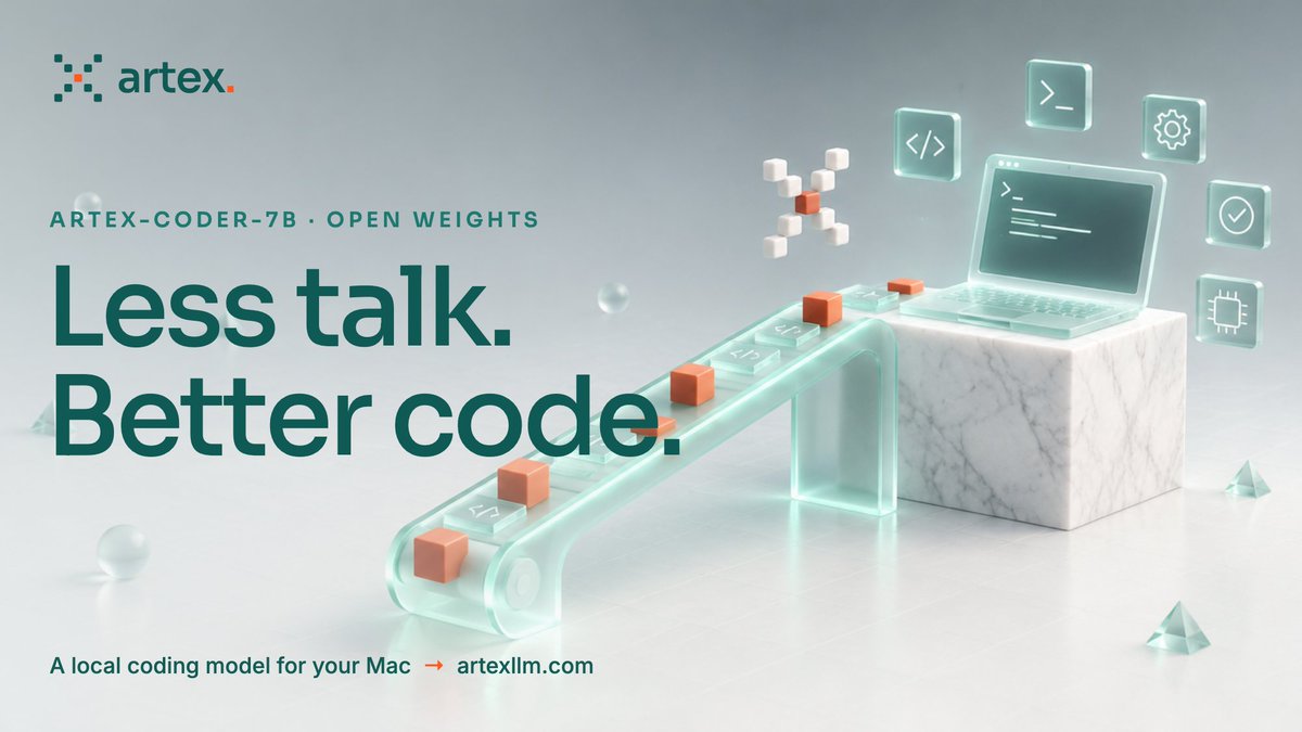 Artex_llm's tweet photo. Introducing Artex

a 7B coding model that answers in code, not essays.

"how do I reverse a string in python?"
typical assistant: 117 words
artex: s[::-1]

open weights, Apache-2.0, runs locally on your Mac. https://t.co/CboZjickh8