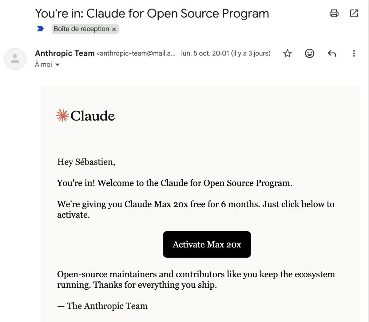 sebastienlorber's tweet photo. Thanks @claudeai for this 2nd, free OSS Max plan ❤️

BTW for OSS maintainers: yes you can apply twice 🤪 https://t.co/P2fzHZezQ5