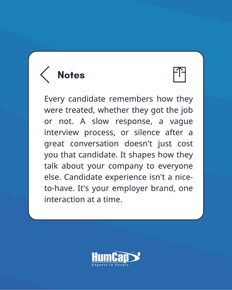 HumCapLP's tweet photo. Every candidate leaves your hiring process with an impression of your company, whether they get the job or not.
Clear timelines, consistent communication, and respectful feedback don’t just improve candidate experience. They strengthen your employer brand, too. https://t.co/uElDIWRTl4