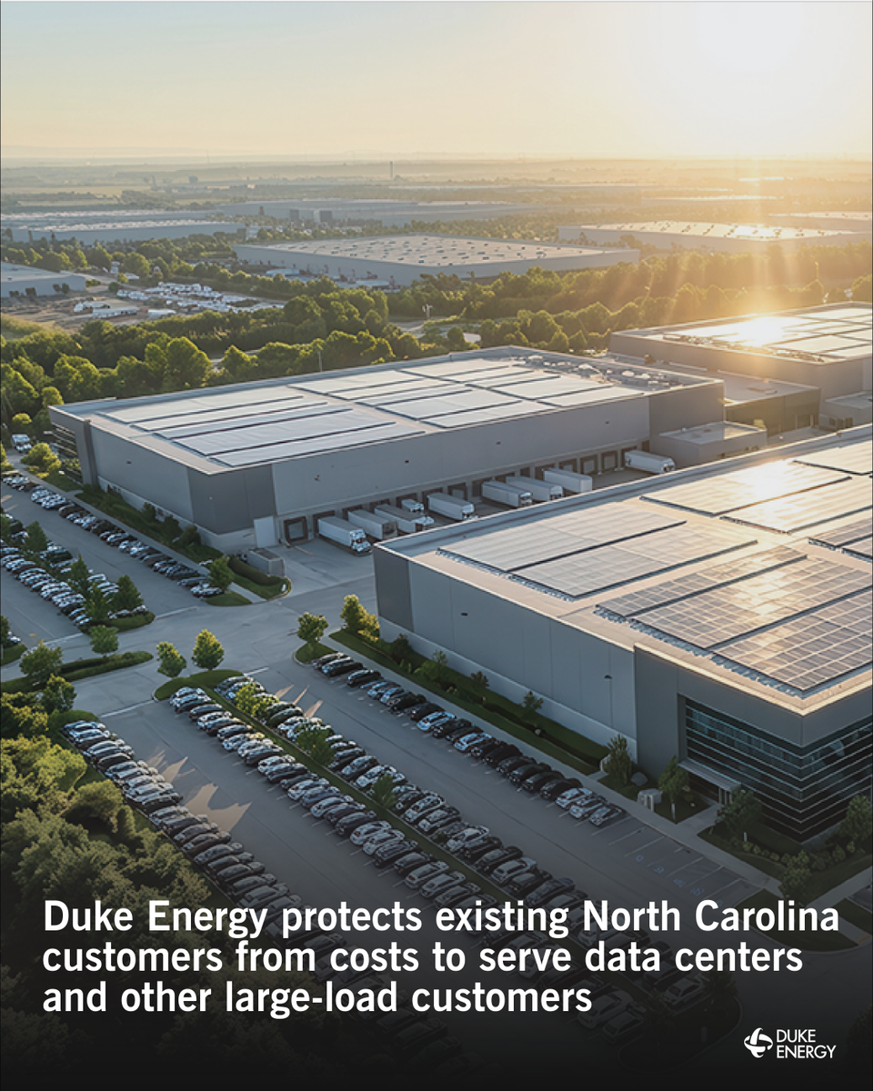 DukeEnergyNC's tweet photo. Duke Energy and stakeholders have reached an agreement that strengthens protections for North Carolina customers by ensuring data centers and other large-load customers pay the costs to connect to and be served by the grid. Learn more: https://t.co/X0NUmJ85ax. https://t.co/ss1EeYf72H