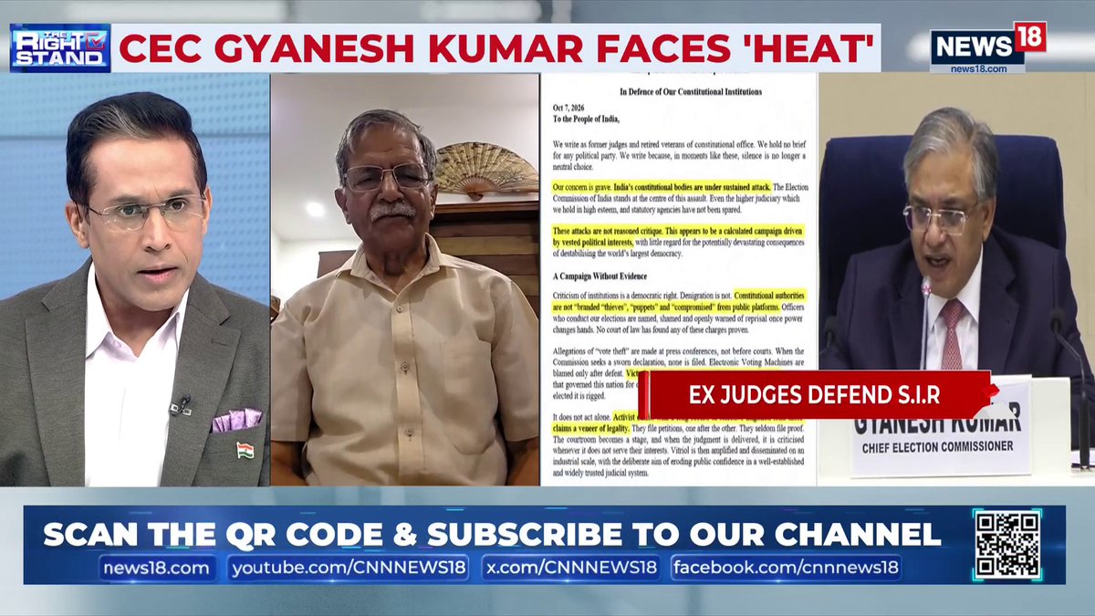 The image is a News18 broadcast titled "CEC GYANESH KUMAR FACES 'HEAT'," featuring anchor Anand Narasimhan, a letter from ex-judges defending the Supreme Court/Constitutional institutions, and Chief Election Commissioner Gyanesh Kumar, alongside a banner reading "EX JUDGES DEFEND S.I.R," with a quote from Justice S N Dhingra urging criticism and patience while awaiting the Supreme Court's decision.
