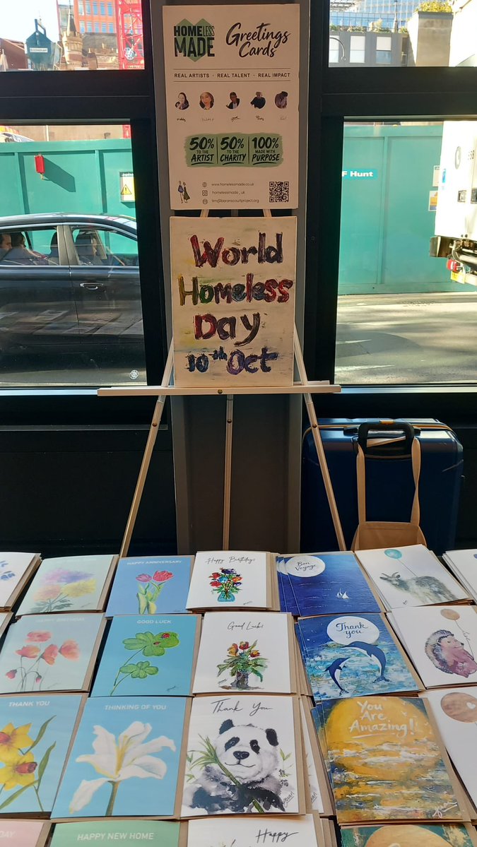 homelessmade's tweet photo. Today we have been at The Post Building, in central London. We have an exhibition of art there and also had a card stall. 
This is part of our way to mark #WorldHomelessDay &amp; #WorldMentalHealthDay. Painting gives respite &amp; aids recovery. https://t.co/eBpOhuLVaN