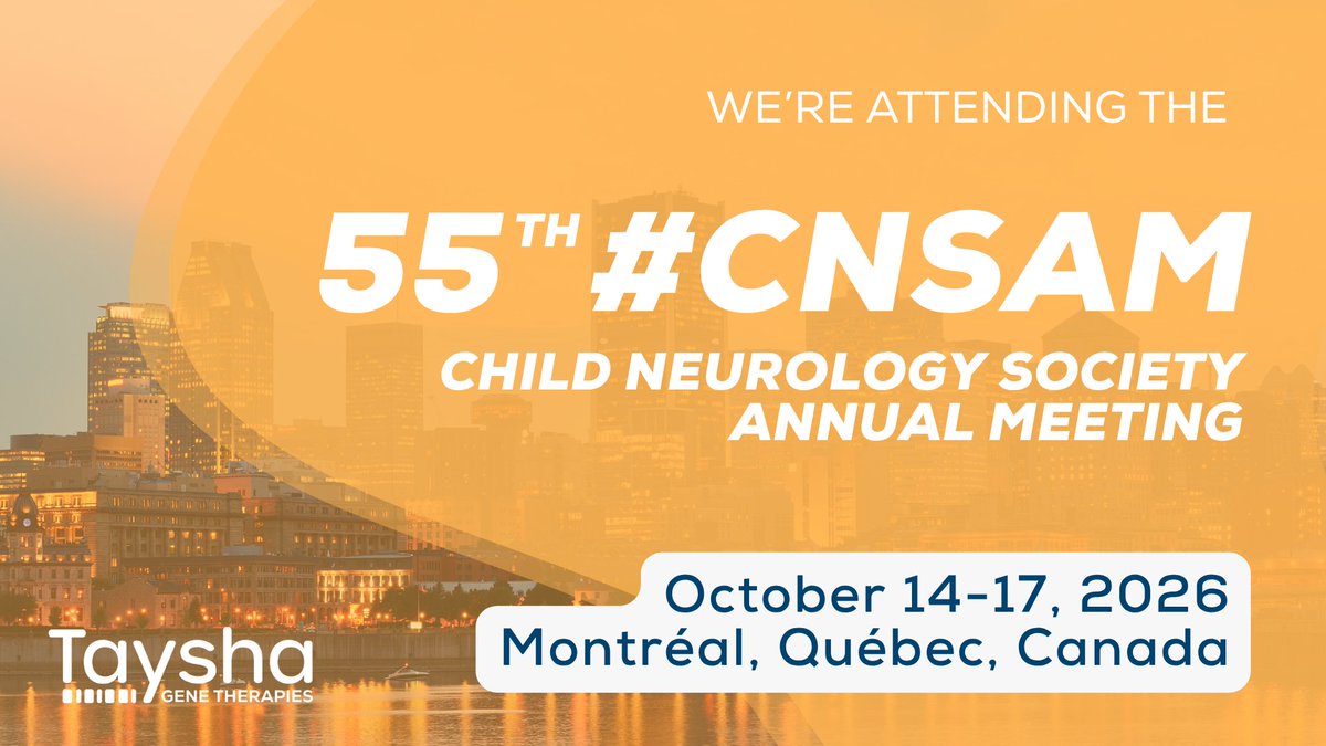 TayshaGTx's tweet photo. We're heading to Montréal for the 55th @ChildNeuroSoc Annual Meeting to engage with the pediatric neurology community and discuss the latest advancements in our TSHA-102 gene therapy program in clinical evaluation for #Rettsyndrome.
If you’re attending #CNSAM and want to speak with a member of the #TayshaTeam, email us at medinfo@tayshagtx.com to connect onsite!
Learn more about the meeting: https://t.co/PKyqykoKBL