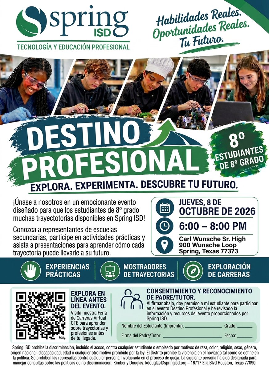 SpringISD_CTE's tweet photo. 8TH GRADERS, TODAY IS THE DAY! 

Career Destination is TONIGHT! 

📍 Carl Wunsche Sr. HS
⏰ 6–8 PM

Explore CTE pathways and discover YOUR future!

The campus with the highest student attendance wins a PIZZA PARTY!

@SpringISD https://t.co/uuVYwKLEmy
