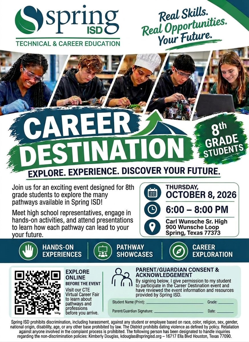 SpringISD_CTE's tweet photo. 8TH GRADERS, TODAY IS THE DAY! 

Career Destination is TONIGHT! 

📍 Carl Wunsche Sr. HS
⏰ 6–8 PM

Explore CTE pathways and discover YOUR future!

The campus with the highest student attendance wins a PIZZA PARTY!

@SpringISD https://t.co/uuVYwKLEmy