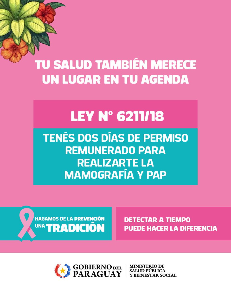 dncp_py's tweet photo. Recordá que contás con dos días de permiso remunerado al año para realizarte la mamografía y el PAP.

👉🏽 La detección temprana del cáncer de mama permite acceder a un tratamiento oportuno.

¡Hagamos de la prevención una tradición!

🌸 #OctubreRosa https://t.co/vAa6uIgIqC