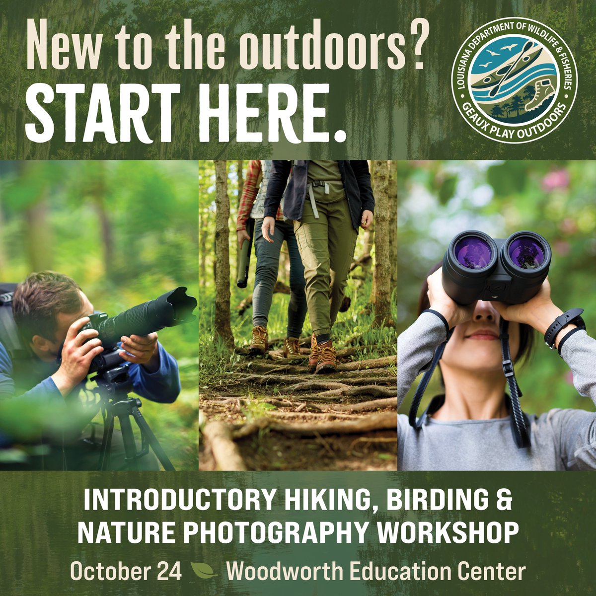 LDWF's tweet photo. 🥾🐦📸 Learn hiking, birding &amp; nature photography with LDWF’s Geaux Play Outdoors! Beginners welcome, ages 10+.

📅 Oct. 24 | 7:30–11:30 a.m. 
📍 Woodworth Education Center
Space is limited! Register: https://t.co/WkIn4h3zxE https://t.co/2uDwWClA92