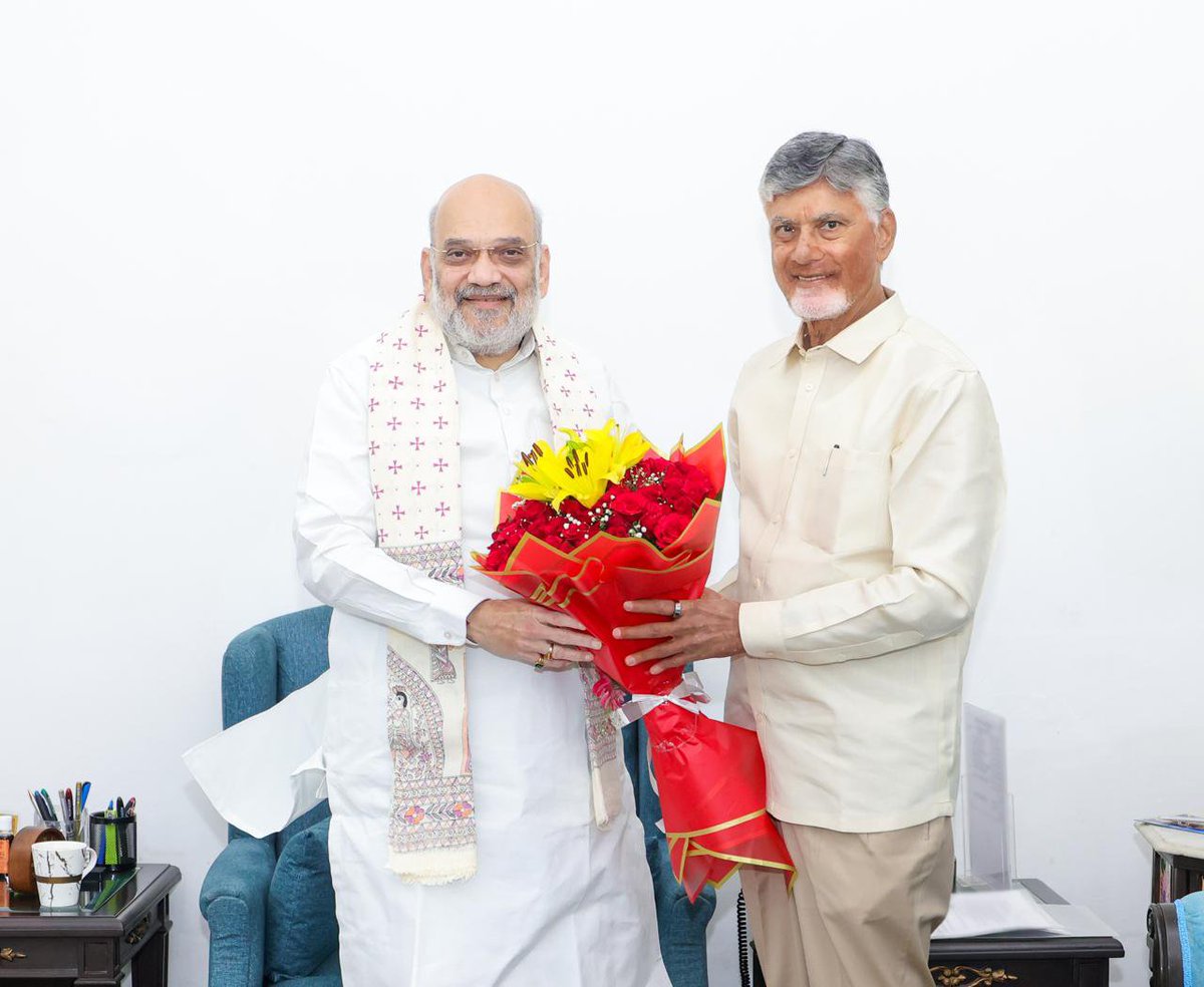 ncbn's tweet photo. Had the honour of calling on Hon’ble Union Home Minister Shri Amit Shah Ji and apprising him of the drought situation prevailing in Andhra Pradesh due to the impact of El Niño, while seeking the Government of India’s support in addressing the challenges arising from the deficient rainfall and its impact on the agricultural sector.

We also discussed the proposal to take forward the Godavari–Krishna–Penna–Palar–Cauvery river-linking project, which has the potential to provide a sustainable solution to the water requirements of Andhra Pradesh, Telangana, Tamil Nadu and Karnataka, while strengthening water security across southern India.

@AmitShah