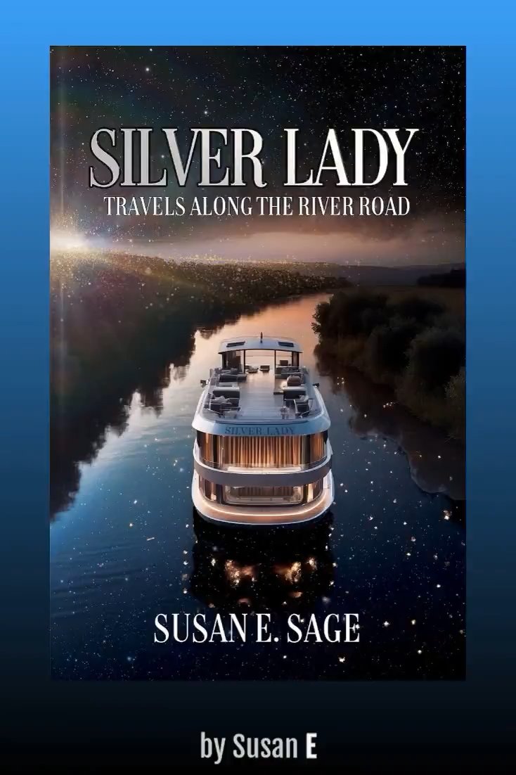 A book cover titled 'SILVER LADY: TRAVELS ALONG THE RIVER ROAD' by Susan E. Sage, featuring a luxury boat on a river at night under a starry sky.