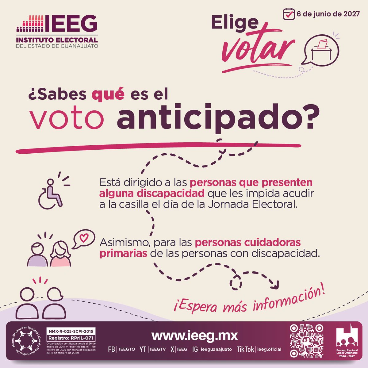 IEEG's tweet photo. 🟣 | ¿Sabías que existe el voto anticipado? 🗳️

Esta modalidad permite ejercer el derecho al voto antes de la #JornadaElectoral a personas con alguna discapacidad que les impida acudir a la casilla, así como a personas cuidadoras primarias.

#EligeVotar https://t.co/hO6r1oleDH