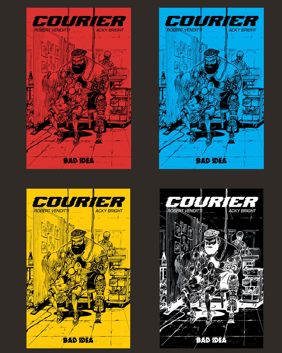 badideahello's tweet photo. Get ready. Because COURIER from Robert Venditti and Acky Bright leads the next wave of BAD IDEA books into the stratosphere beginning at NEW YORK COMIC CON with the COURIER Blind Bag NYCC Exclusive.

Exclusively available while supplies last at New York Comic Con the COURIER Blind Bags contain the COURIER NYCC Edition ashcan.

Four color rarities of the ashcan have been randomly inserted into the blind bags:
Yellow (limited to 200 copies) 
Blue (limited to 100 copies) 
Red (limited to 75 copies)
Black (limited to 25 copies)
There are just 400 blind bags available.

HOW DO I GET ONE?
There are several ways you can secure a COURIER Blind Bag. 

1. Every attendee of BAD IDEA: The New York Comic Con panel will receive one.
Join us for the greatest panel in BAD IDEA history on Sunday October 11th at 4:15pm in Room 1C03 as we preview this years' upcoming comics -- IT DEMANDS SACRIFICE, LANCER, WARBIRD, THE DETECTIVE & more -- and unveil the next batch of blockbuster BAD IDEA books.

2. Live on stream during NYCC from the following promotional partners:
ComicTom101, KRS Comics, Beyond Wednesdays, Trinity Comics

3. During these two live shows featuring the wonderful Blank Cover Podcast:
eBay Live UK (10/09 @ 3PM EST)
https://t.co/MdcWwFtf5h
KRS Comics (10/10 @ 2PM EST)
https://t.co/oPrXwjTWEU

4. At the Trinity Comics booth (#3434) beginning this (Thursday, Oct 8th) afternoon.

5. By finding the BAD IDEA crew in the wild. Both Dinesh Shamdasani and Siena Fallon will be at the show every day (Pro tip: often at Artist's Alley). If you see them, simply ask for a copy...while supplies last.

ALL INFO HERE: https://t.co/yC0Cvj5qkl