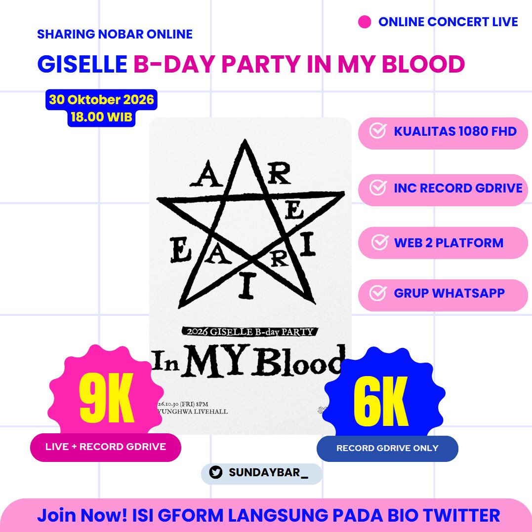 sunpromn's tweet photo. OPEN SHARING NOBAR GISELLE B-DAY PARTY IN MY BLOOD

💸 9K/ (LIVE + RECORD)
🔗 FORM DI BIO TWITTER

✅ LIVE 2 PLATFORM
✅ 1080 FHD
✅ JOIN grup whatsapp

wts wtb nobar nonton giselle birthday bday party imb in my blood aeri streaming my konser live link https://t.co/pImNmQzQCm
