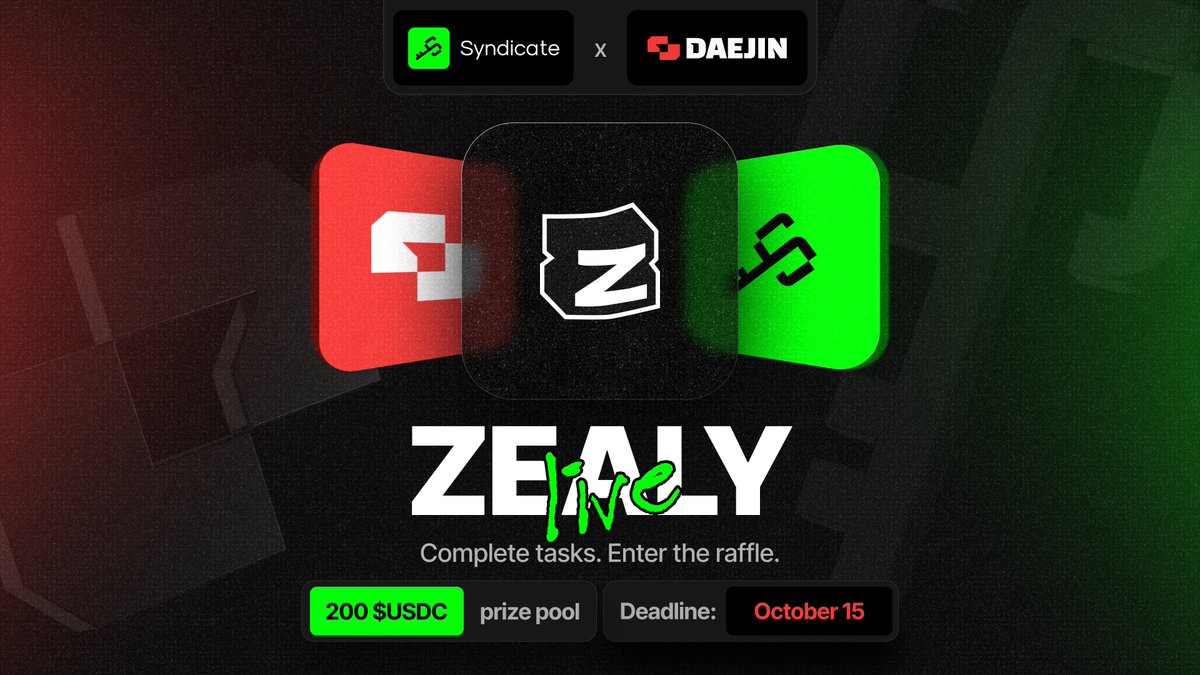 sndcapp's tweet photo. Syndicate 🤝 @Daejinxyz Zealy campaign is live

200 $USDC, split by raffle 👇
https://t.co/jHxeox5bB2

⏳ October 8–15

The task: explain Daejin to someone who's never used a prediction market.

Write an article, a thread, film a short video or a walkthrough – your call. The clearer you make it, the better.

Every quality submission on Zealy goes into the draw 👀