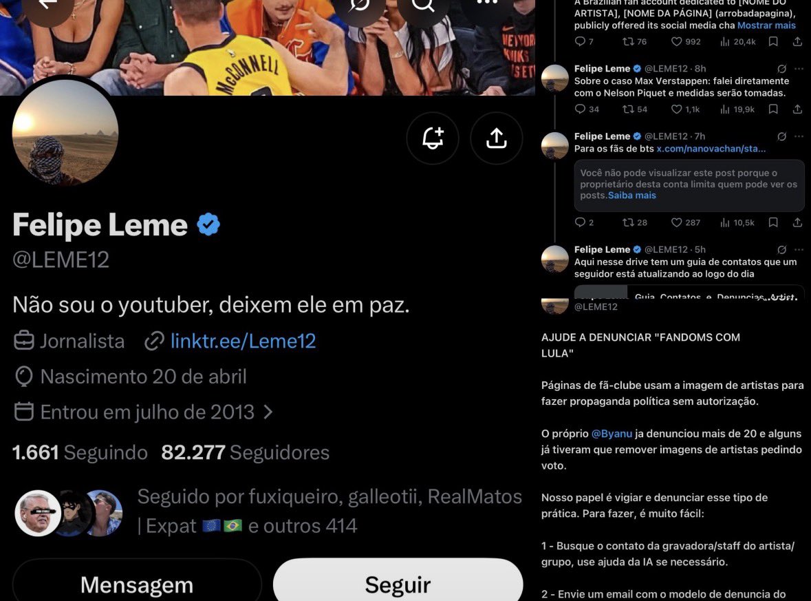 fontesbieber's tweet photo. 🚨ATENÇÃO FANDOMS!

O perfil @LEME12, uma das maiores contas bolsonaristas, está fazendo mutirão para DERRUBAR contas de apoio ao Lula. Precisamos reagir URGENTEMENTE, peço que TODOS denunciem o perfil dele. 

ENGAJEM ESSE POST, COMPARTILHEM‼️ https://t.co/MHnW0RG0hF