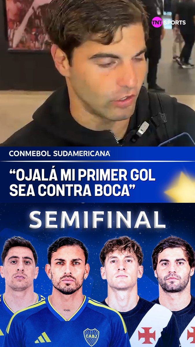 The image shows a TNT Sports promotional graphic for a CONMEBOL Sudamericana semifinal matchup featuring Boca Juniors vs. Vasco Da Gama, with Spanish text reading "OJALÁ MI PRIMER GOL SEA CONTRA BOCA" ("HOPE MY FIRST GOAL IS AGAINST BOCA") and "SEMIFINAL" displayed prominently. The graphic includes photos of Boca player Santiago Sosa alongside three Vasco Da Gama players, visually supporting the post about Sosa's expressed desire to score his first goal for the Brazilian club in the upcoming semifinal against Boca.