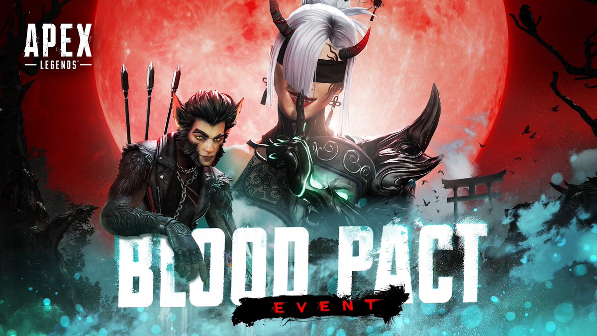 Promotional artwork for the Apex Legends "Blood Pact Event" features two characters—one with beast-like features and another with white hair, horns, and a blindfold—posed dramatically against a large red blood moon with a Japanese torii gate silhouetted in the background, matching the "Beast or Demon" theme teased in the announcement.