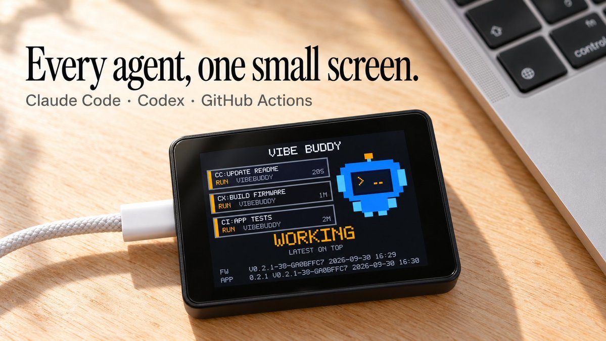 secondstateinc's tweet photo. Three agents running. One has been waiting on you for 20 minutes.

VibeBuddy puts every Claude Code, Codex and CI run on one small screen, and only speaks up when one needs you.

In stock, ships in 3 business days. $59 launch price. Free worldwide shipping.
