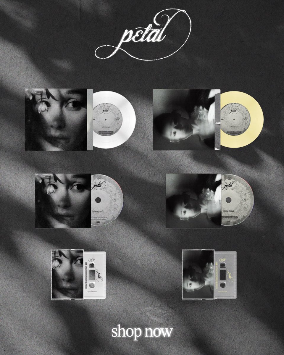 TeamAriana's tweet photo. petal ꕤ ｡˚ new 7” vinyl, cds + cassettes available now on ariana’s official online store
https://t.co/b9xTbjjFAb https://t.co/UUsz6mgWHv