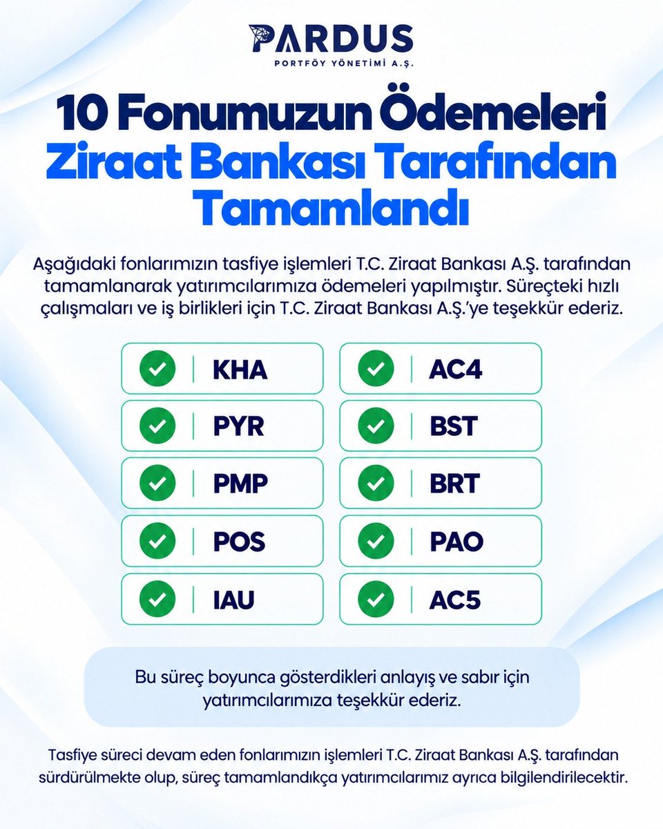 pardusportfoy's tweet photo. Tasfiye sürecinde bulunan KHA, AC4, PYR, BST, PMP, BRT, POS, PAO, IAU ve AC5 kodlu fonlarımızın tasfiye işlemleri T.C. Ziraat Bankası A.Ş. tarafından tamamlanmış ve yatırımcı ödemeleri gerçekleştirilmiştir.
Tasfiye süreci devam eden fonlarımızın işlemleri T.C. Ziraat Bankası A.Ş. tarafından sürdürülmekte olup, süreç tamamlandıkça yatırımcılarımız ayrıca bilgilendirilecektir.
Not: Ödeme tutarı henüz hesabına yansımayan yatırımcılarımız, hesaplarının bulunduğu banka veya aracı kurumdan bilgi alabilirler.
Kamuoyuna ve yatırımcılarımıza saygıyla duyurulur.