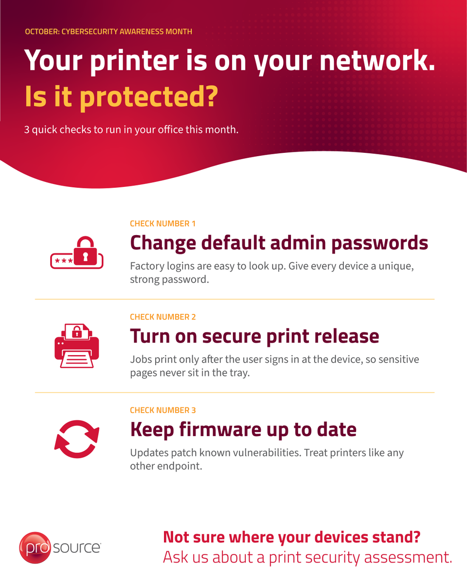 totalprosource's tweet photo. October is Cybersecurity Awareness Month, and most businesses still overlook one device on their network: the printer.

Not sure where your devices stand? Prosource can run a print security assessment and show you where the gaps are. https://t.co/LZ18NnwCWt