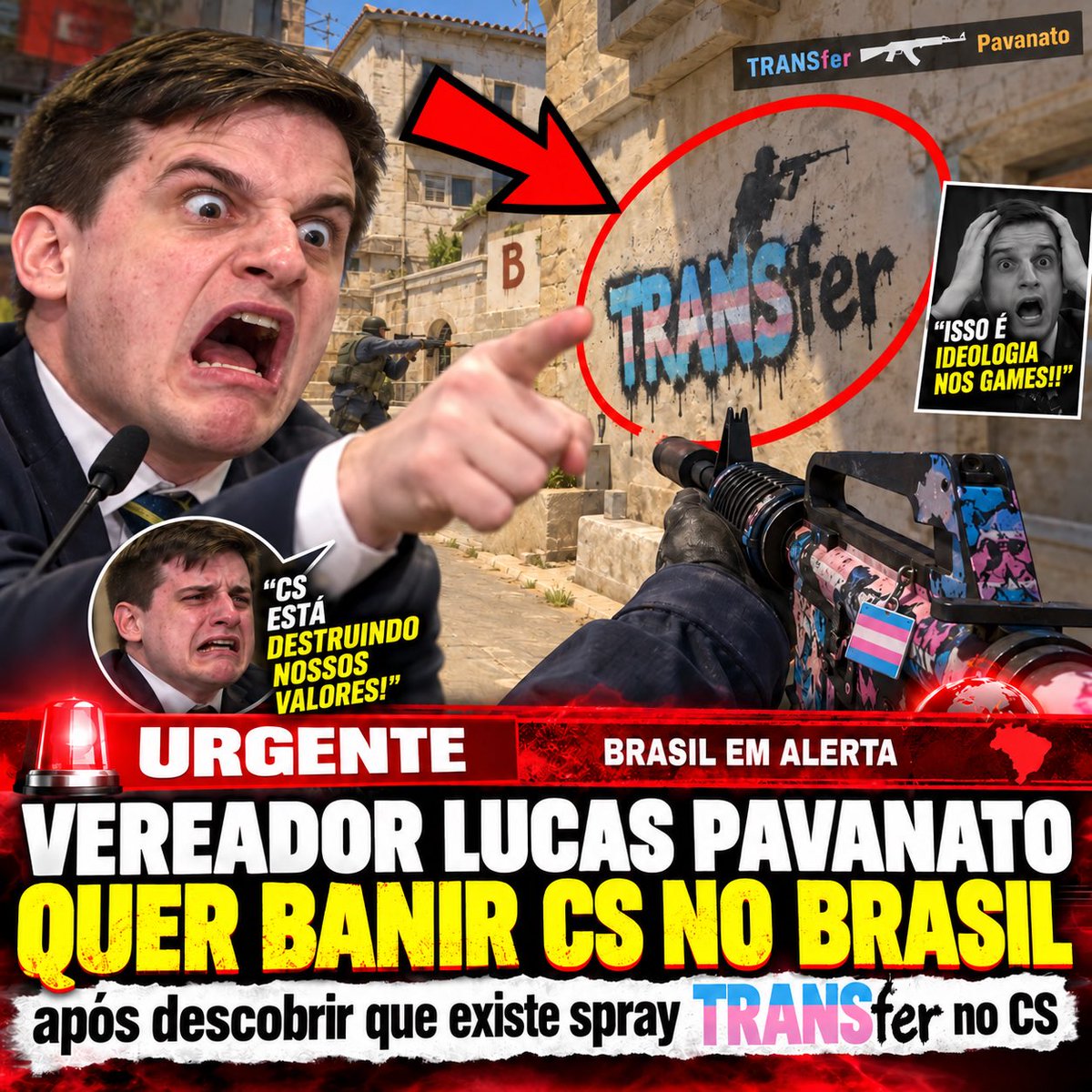 DiaDeFurta's tweet photo. 🚨 URGENTE: Vereador Lucas Pavanato quer BANIR o Counter-Strike 2 no Brasil após descobrir a existência do spray TRANSfer! https://t.co/ib4K2ylrHD