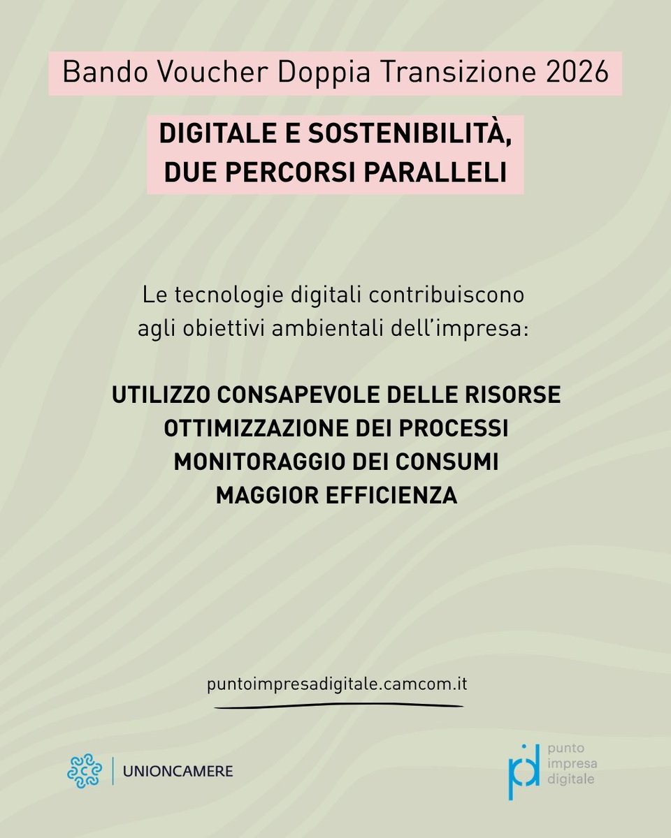 PID_CamCom's tweet photo. #Digitale e #sostenibilità possono diventare parte di un’unica strategia di innovazione.

Il #VoucherDoppiaTransizione 2026 sostiene le #MPMI che scelgono di affrontare insieme queste due sfide per costruire imprese più innovative e competitive.

#PID #DoppiaTransizione https://t.co/XsAv6Ur3vl